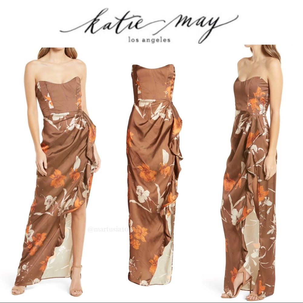 KATIE MAY Baby Cakes Floral Strapless High Slit Maxi Dres Gown XS 345$